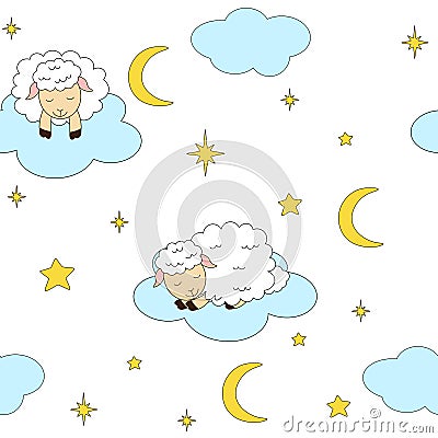 Seamless pattern cute sheep sleeps stars clouds moon moon vector illustration Cartoon Illustration